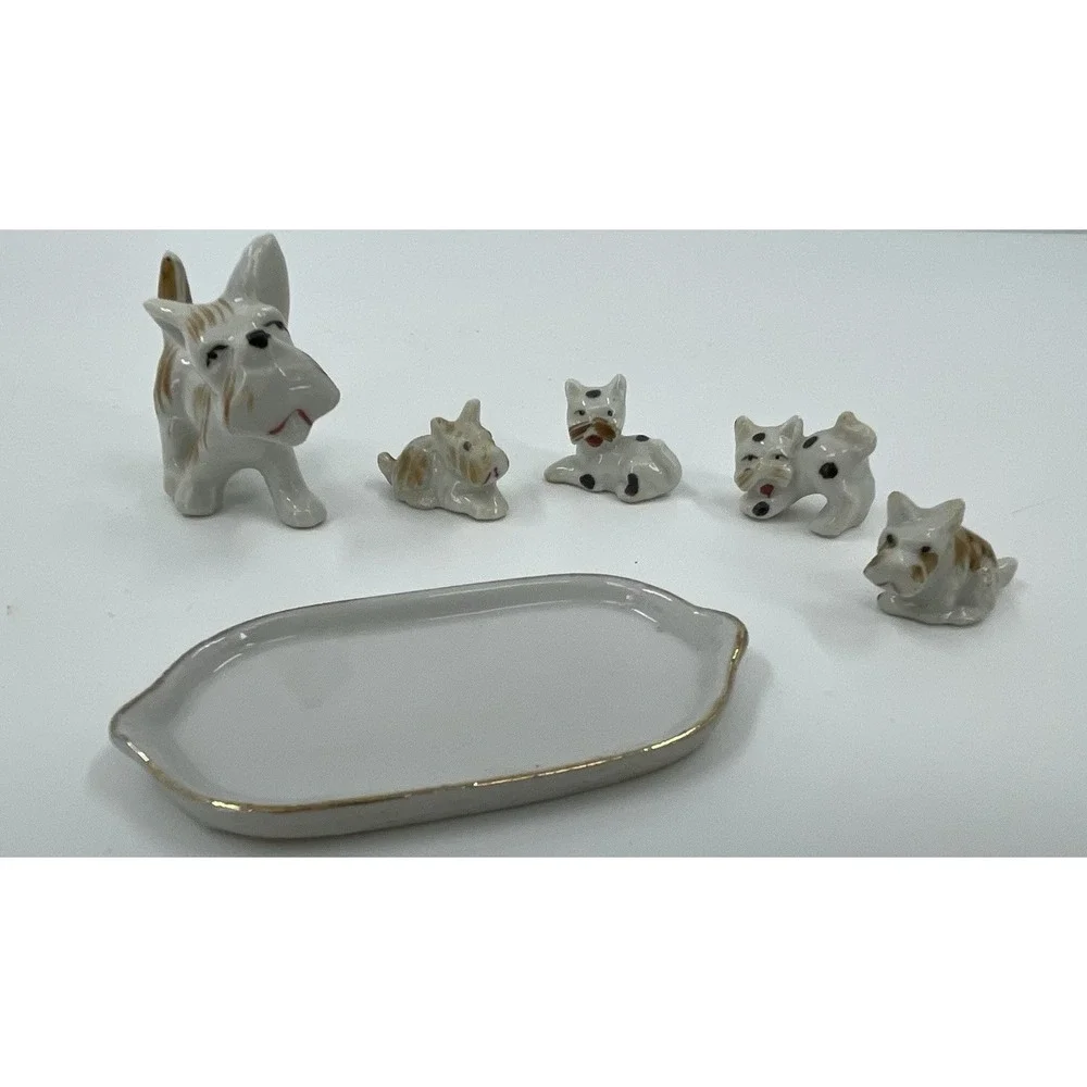 Terrier Small Dog w Puppies White Brown Occupied Japan Porcelain‎ Figurines HTF